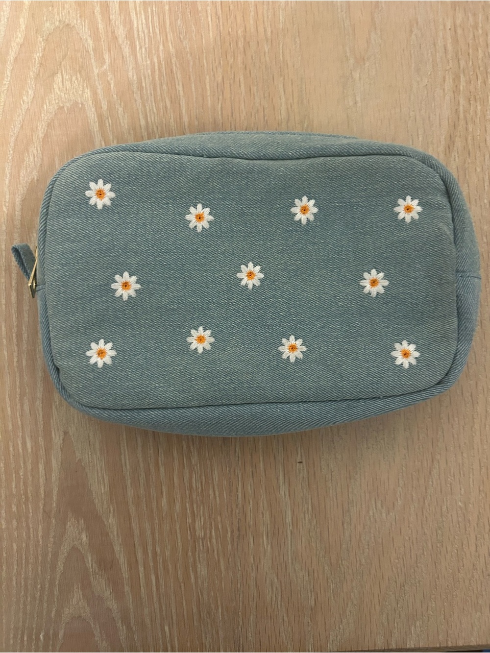 Daisy Embroidered Travel Pouch in Light Teal